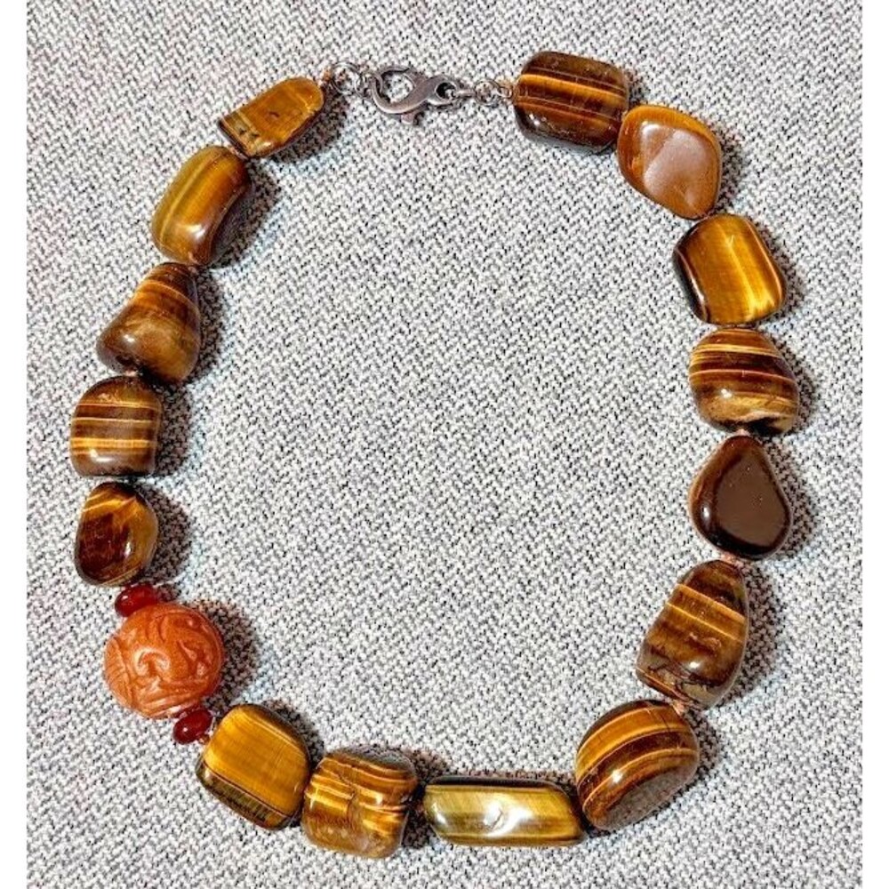 Vintage Sterling Silver Tiger’s Eye Necklace Hand Knotted Shou Bead 17" Chinese - Picture 2 of 16